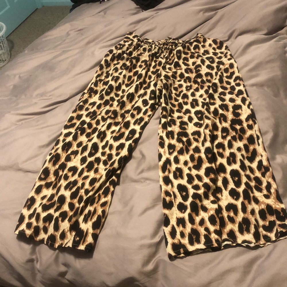 Leopard Print Wide Leg Pants - Tan & Black